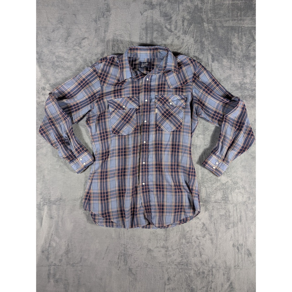 Levi's Men's Large Blue Orange Plaid Pearl Snap Western Shirt Metallic Thread